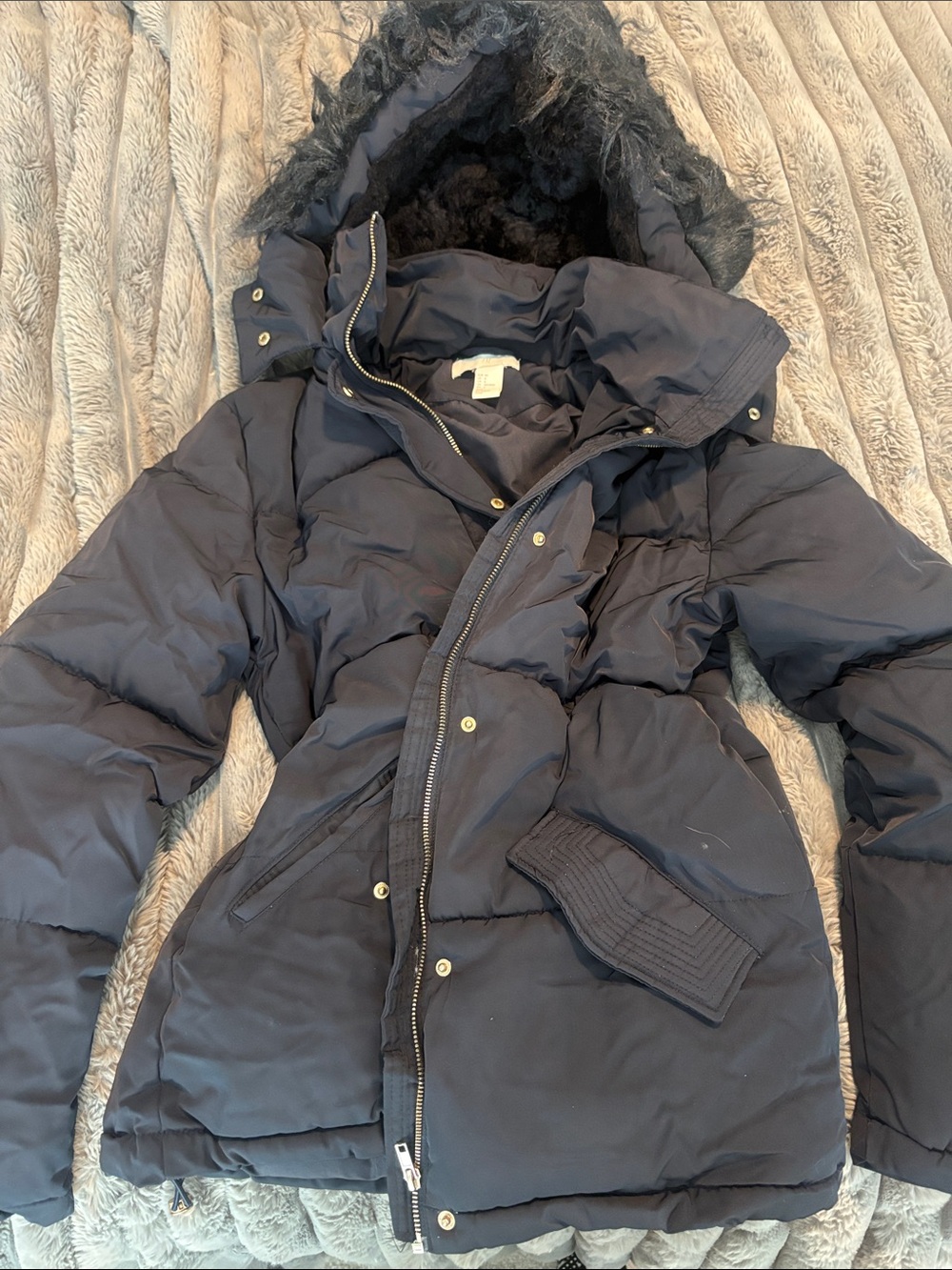 H&M Insulated Black Women's Puffer Jacket with Faux Fur Hood